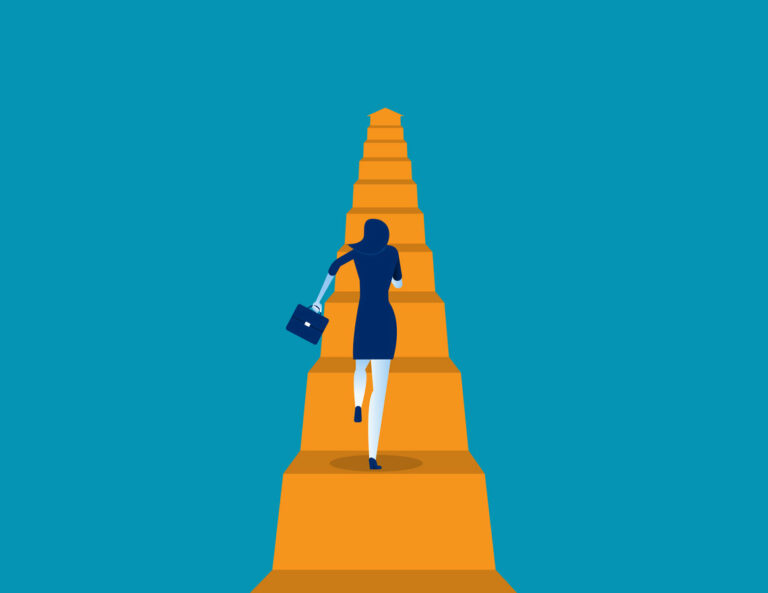 Illustration of woman in blue dress with briefcase running up arrow made into stairs.