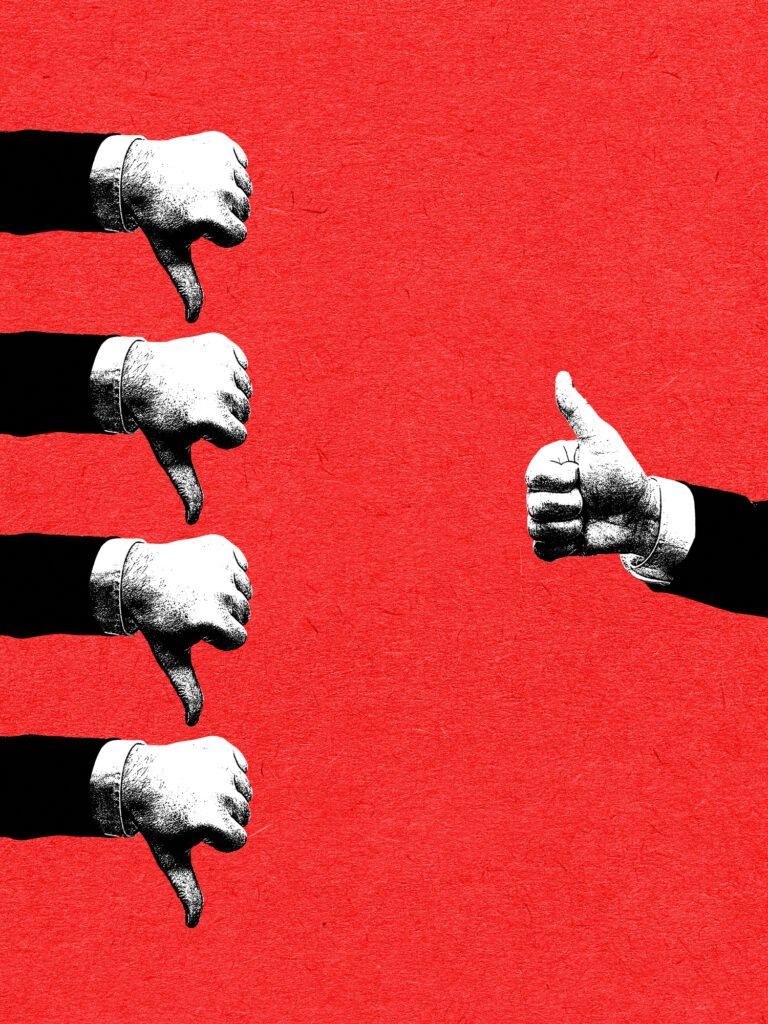Digital artwork showing several thumbs down confronting a single thumbs up. Concept of criticism versus confidence, evaluation pressure, minority approval and contrasting business opinions.