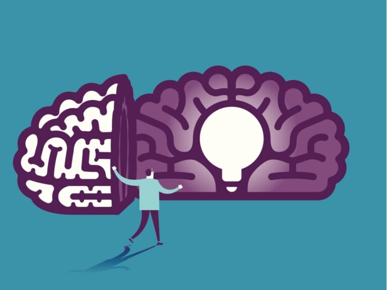A cartoon drawing of man who has split open a large brain to find an idea lightbulb inside.
