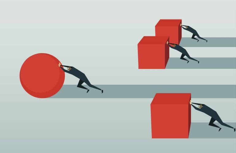 A drawing of four people pushing large objects across the image. Three of them are pushing blocks. One person is pushing a sphere and appears to be further across the image as if winning a race.