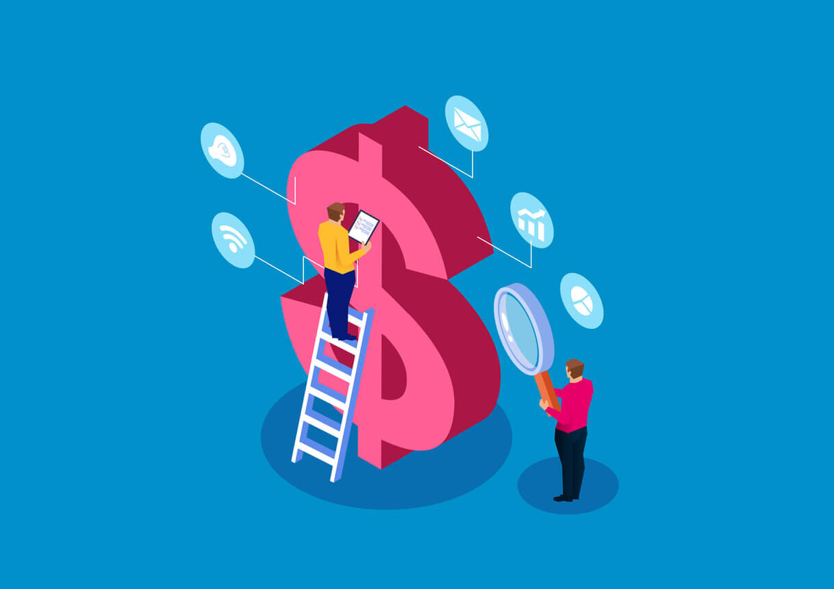 A drawing of two men working on a dollar sign symbol. They appear to be thinking about how to spend their money.