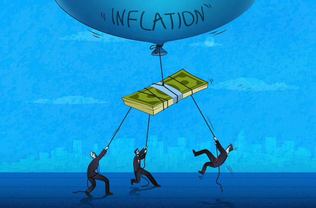 Inflation balloon people trying to pull money down