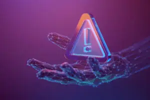 AI hand holding early mistakes caution sign