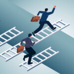 Uncharted journeys and challenges, problem-solving solutions, choices and opportunities, isometric ladders to help businessmen traverse cliffs and gullies