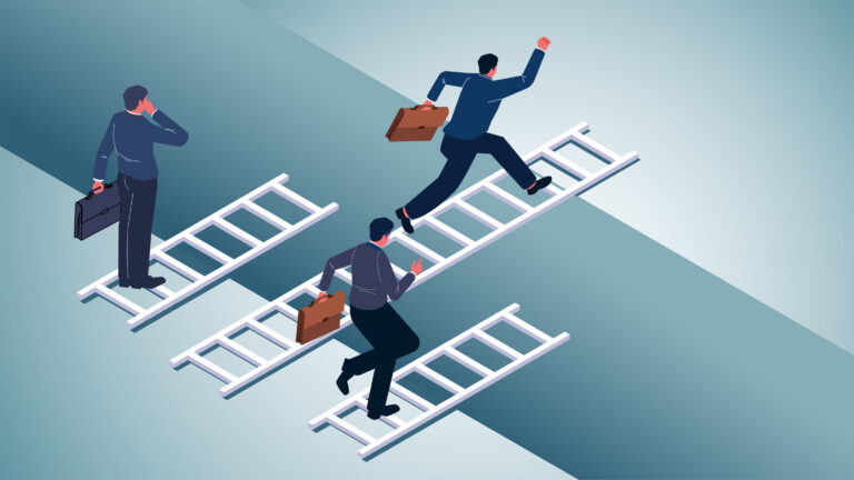 Uncharted journeys and challenges, problem-solving solutions, choices and opportunities, isometric ladders to help businessmen traverse cliffs and gullies